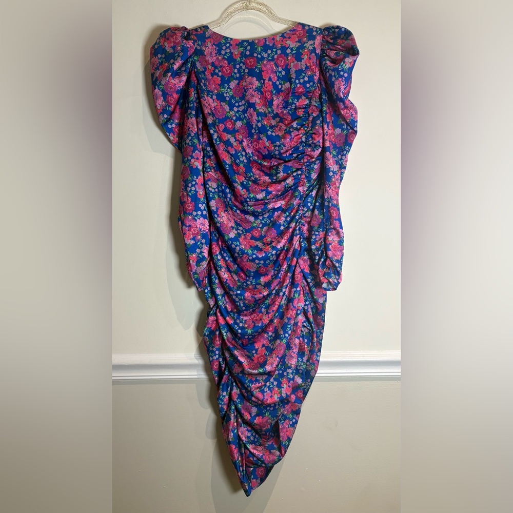 For Love & Lemons NWT Annie Ruched Satin Midi Dress in Cobalt/Pink Floral Small - Picture 4 of 9
